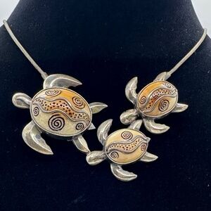 Fossilized Walrus Ivory Turtle Family Necklace, Handmade Silver